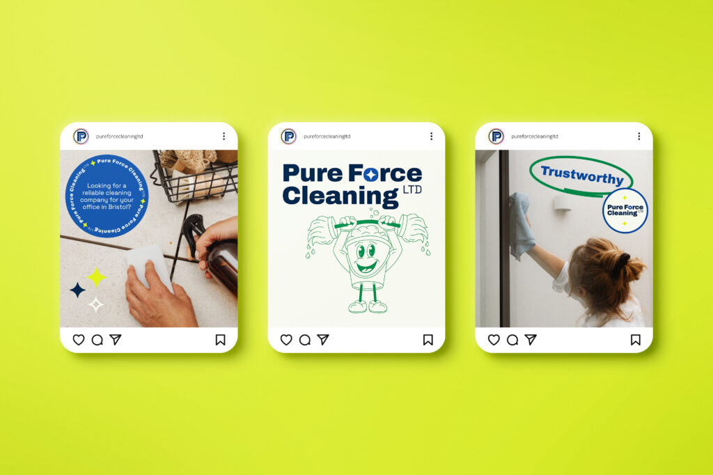 A mockup of Pure Force Cleaning Instagram Posts showing their Brand Design
