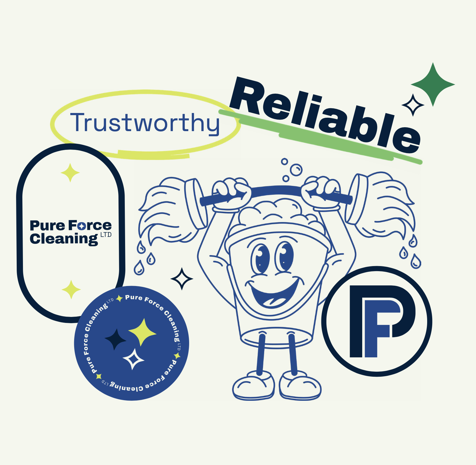 Pure Force Cleaning Brand Design, showing the logos, illustrations, stickers