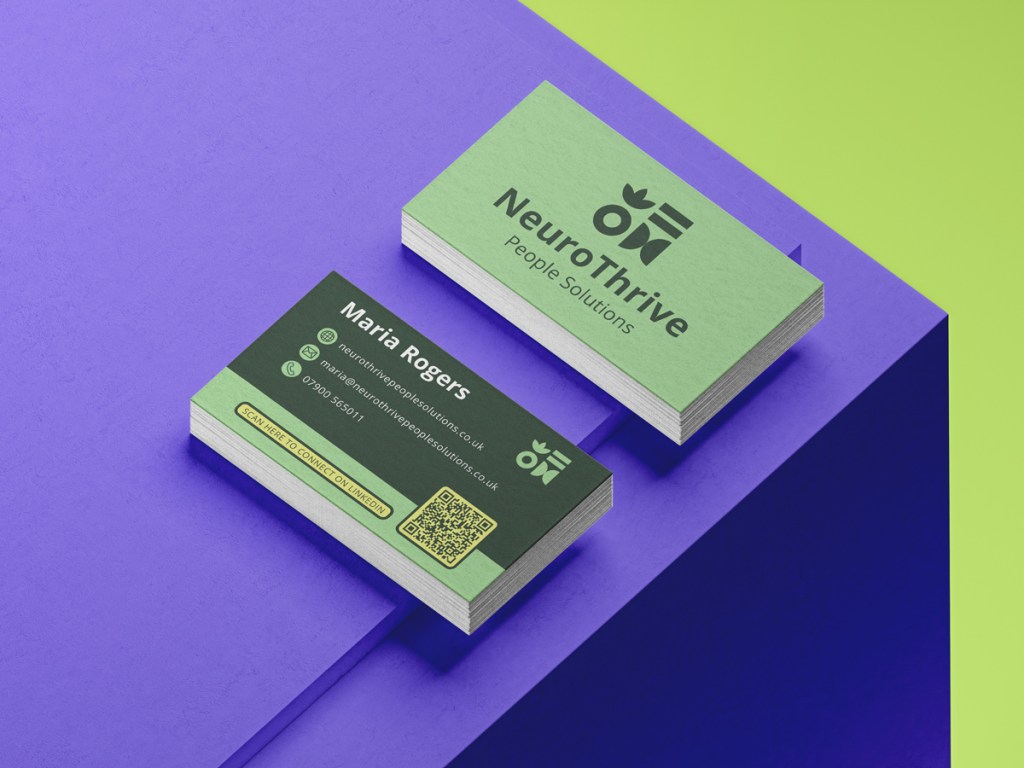 Mockup showing the front and back of NeuroThrive business card design using their brand design