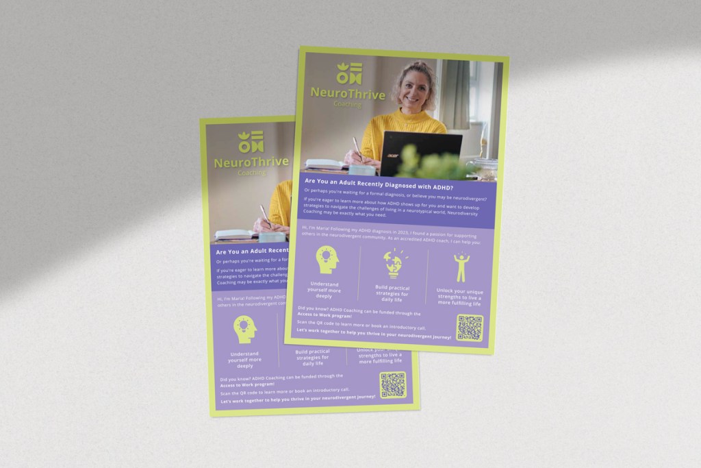 A mockup of NeuroThrive's flyers that we created using their brand design